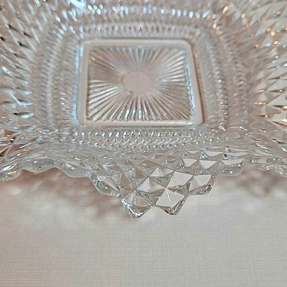 Vintage Indiana Glass Co Square Ruffled Diamond Point Candy Nut Dish Bowl